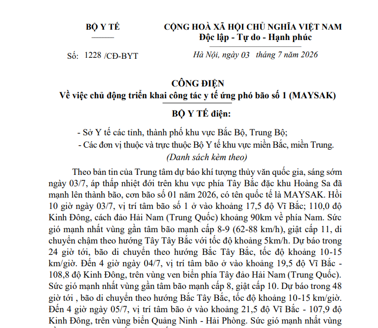 Công điện 1228/CĐ-BYT: Công tác y tế ứng phó bão số 1(MAYSAK) tại 12 tỉnh, thành (Hình ảnh từ Internet)