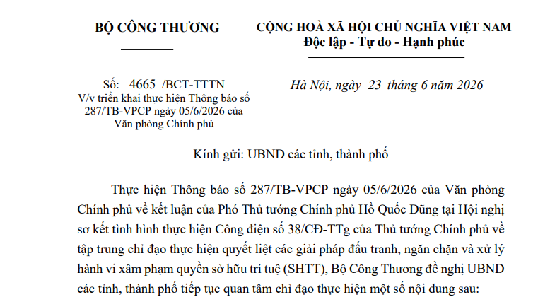 Công văn 4665/BCT-TTTN: Siết chặt quản lý, xử lý nghiêm vi phạm sở hữu trí tuệ