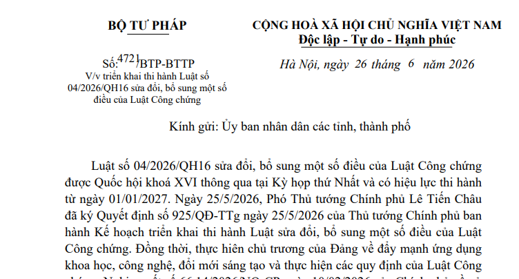 Công văn 4721/BTP-BTTP: Hướng dẫn triển khai Luật sửa đổi một số điều Luật Công chứng