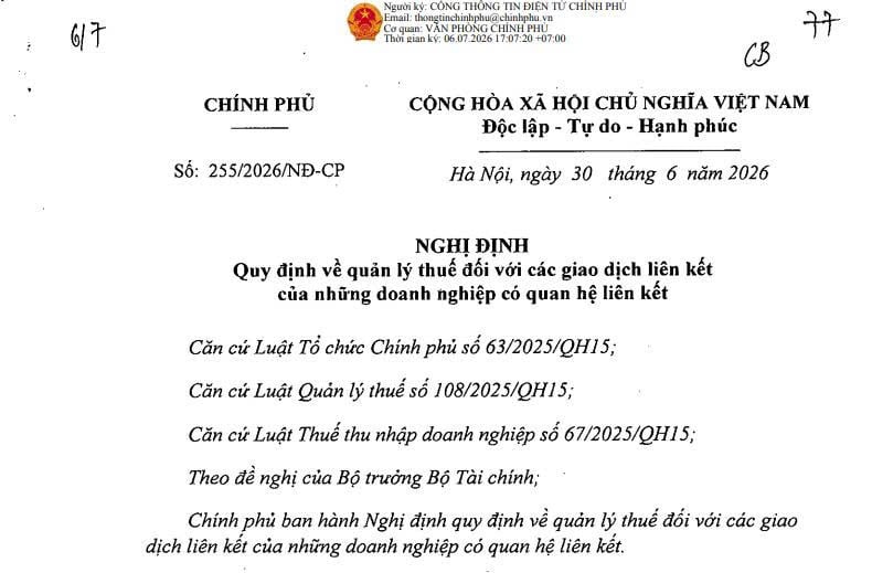 Đã có Nghị định 255/2026/NĐ-CР quản lý thuế với các giao dịch liên kết 
