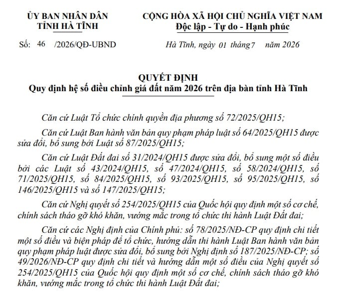 Hệ số điều chỉnh giá đất tỉnh Hà Tĩnh năm 2026