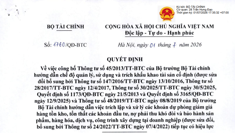 Thông tư 45/2013/TT-BTC về khấu hao tài sản cố định tiếp tục có hiệu lực