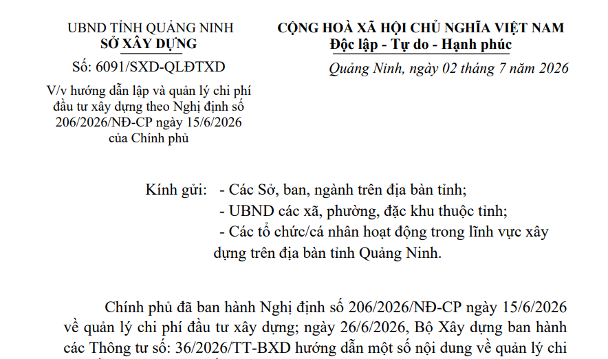 Bảng giá nhân công xây dựng tại Quảng Ninh từ 01/7/2026 (Công văn 6091/SXD-QLĐTXD)