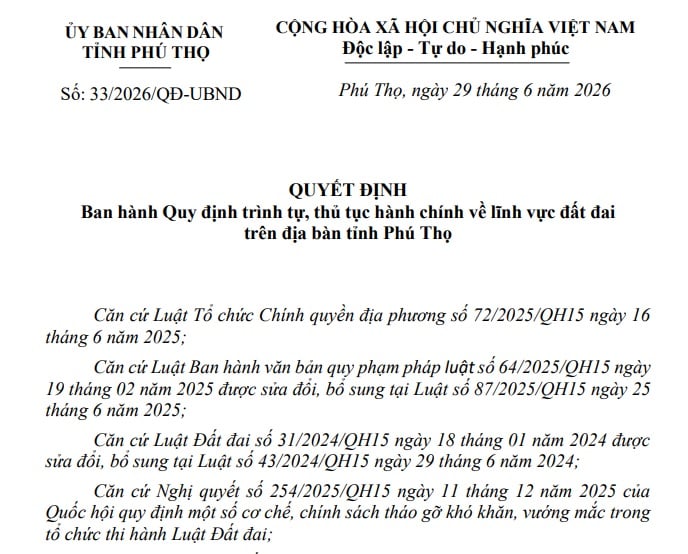 Đã có Quyết định 33/2026/QĐ-UBND thủ tục đất đai tỉnh Phú Thọ