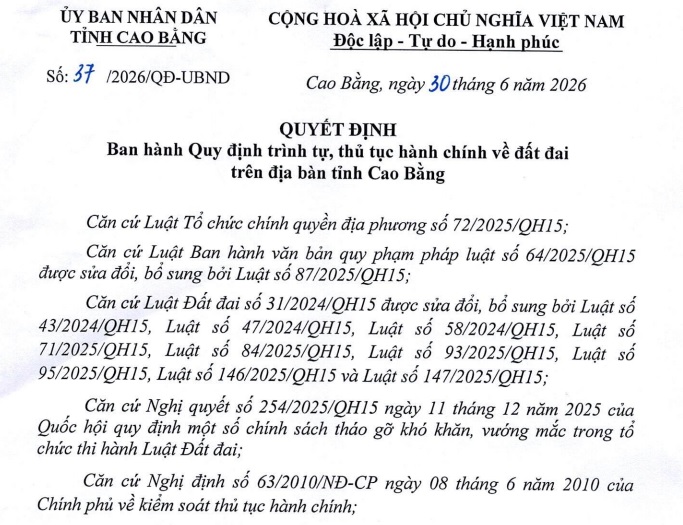 Đã có Quyết định 37/2026/QĐ-UBND thủ tục đất đai tỉnh Cao Bằng