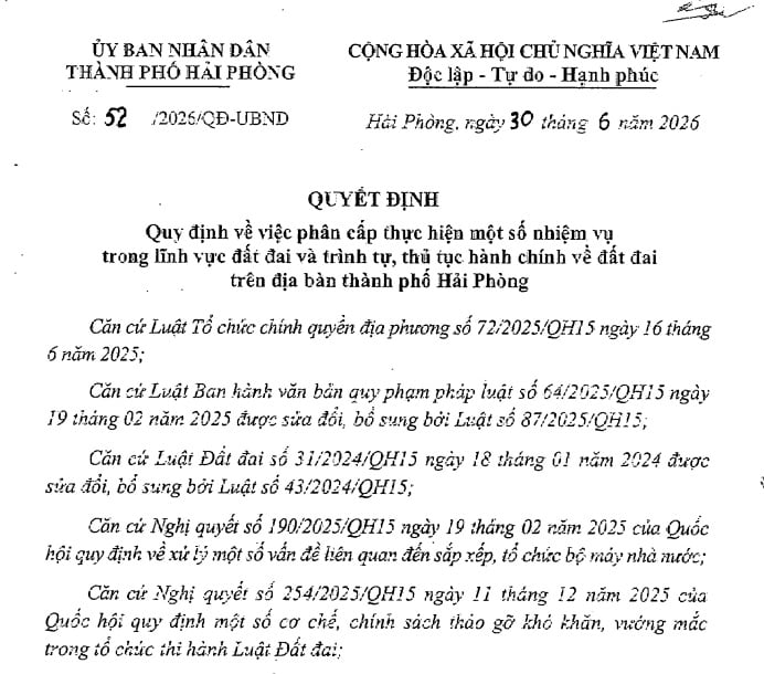 Đã có Quyết định 52/2026/QĐ-UBND thủ tục đất đai tại Hải Phòng