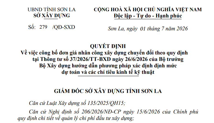 Bảng giá nhân công xây dựng Sơn La từ 01/7/2026 (Quyết định 677/QĐ-SXD)