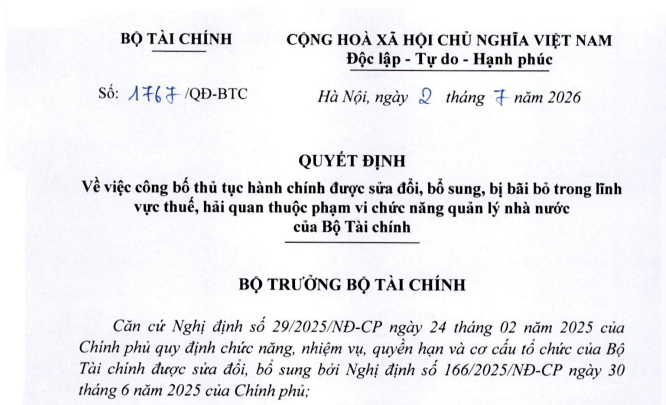 Đã có Quyết định 1767/QĐ-BTC công bố thủ tục hành chính được sửa đổi lĩnh vực thuế hải quan