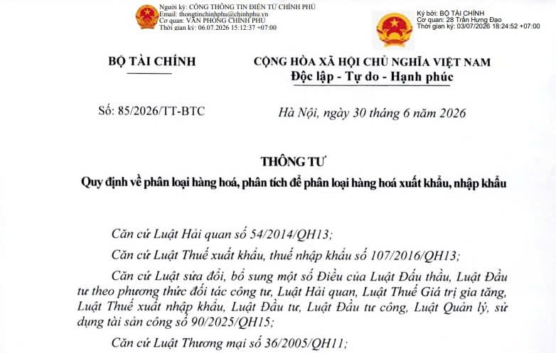 Đã có Thông tư 85/2026/TT-BTC phân loại hàng hoá xuất nhập khẩu từ ngày 15/9/2026