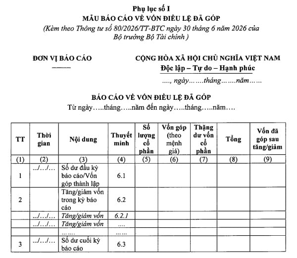 Mẫu báo cáo về vốn điều lệ đã góp được kiểm toán áp dụng từ ngày 16/8/2026