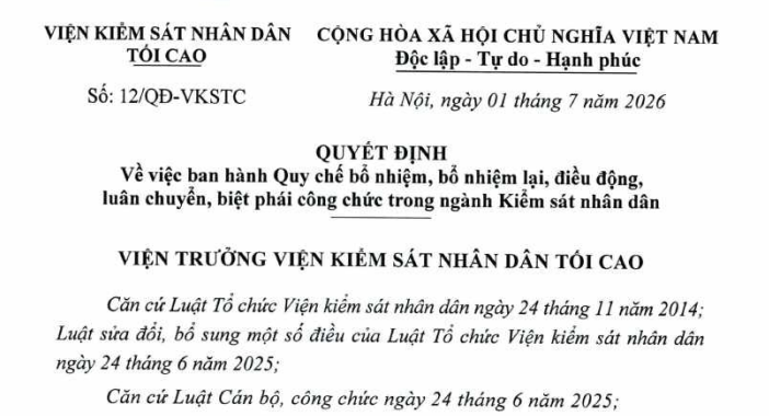 Đã có Quyết định 12/QĐ-VKSTC Quy chế bổ nhiệm công chức trong ngành Kiểm sát nhân dân