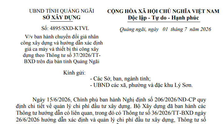 Bảng giá nhân công xây dựng tại Quảng Ngãi từ 01/7/2026