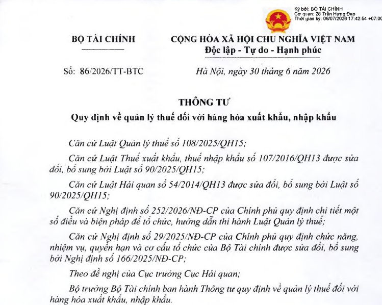 Đã có Thông tư 86/2026/TT-BTC quản lý thuế đối với hàng hóa xuất khẩu nhập khẩu