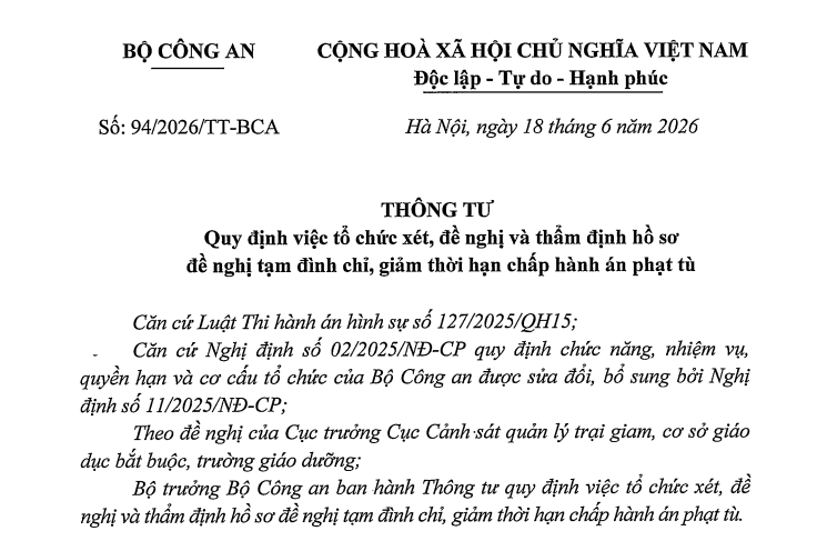 Toàn văn Thông tư 94/2026/TT-BCA quy định đề nghị tạm đình chỉ và giảm án phạt tù