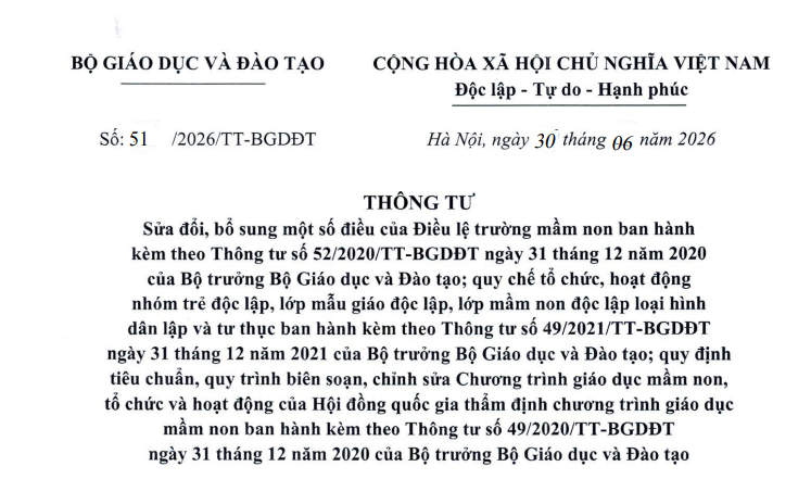 Đã có Thông tư 51/2026/TT-BGDĐT sửa đổi Điều lệ trường mầm non