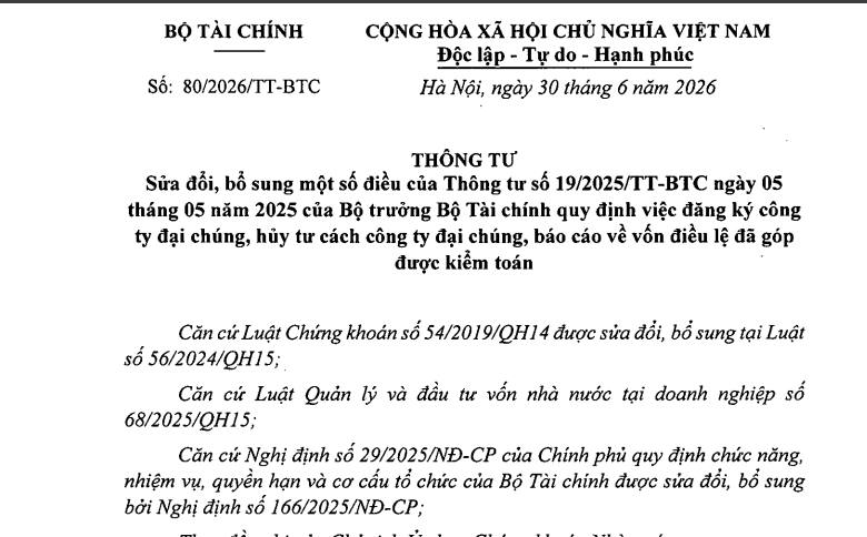 Đã có Thông tư 80/2026/TT-BTC sửa đổi quy định về đăng ký công ty đại chúng