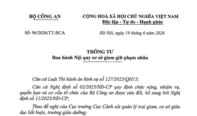 Đã có Thông tư 96/2026/TT-BCA về Nội quy cơ sở giam giữ phạm nhân