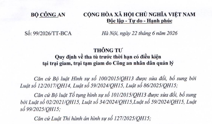 Đã có Thông tư 99/2026/TT-BCA tha tù trước thời hạn tại trại giam do Công an nhân dân quản lý