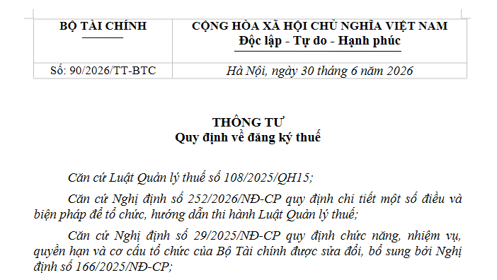 Đã có Thông tư 90/2026/TT-BTC về đăng ký thuế (thay thế Thông tư 86/2024/TT-BTC)