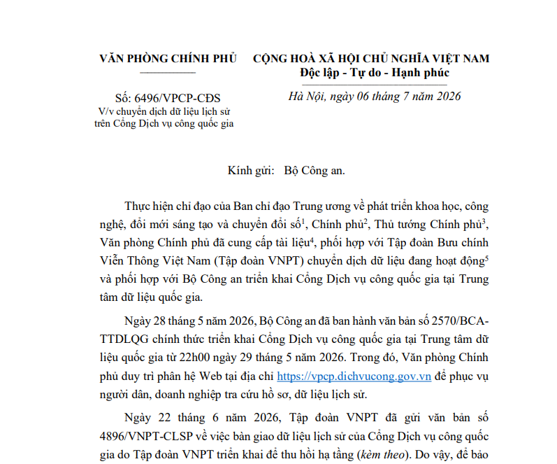 Công văn 6496/VPCP-CĐS chuyển dịch dữ liệu lịch sử trên Cổng Dịch vụ công quốc gia (Hình ảnh từ internet)
