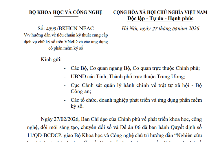 Công văn 4599/BKHCN-NEAC: Hướng dẫn tiêu chuẩn kỹ thuật cung cấp dịch vụ chữ ký số trên VNeID