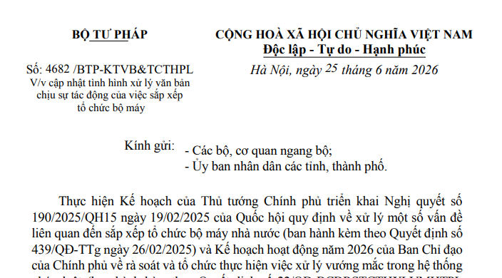 Công văn 4682: Chỉ đạo mới về xử lý văn bản chịu tác động do sắp xếp tổ chức bộ máy
