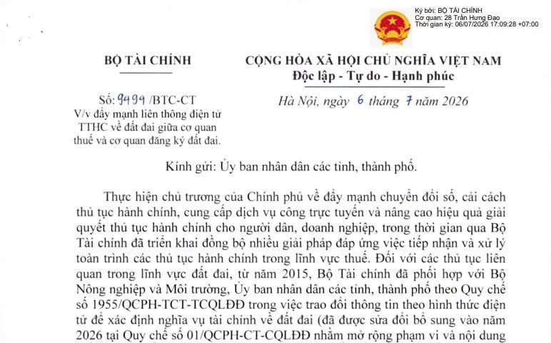 Công văn 9494/BTC-CT: Chỉ đạo về liên thông điện tử thủ tục đất đai giữa cơ quan thuế và cơ quan đăng ký đất đai 