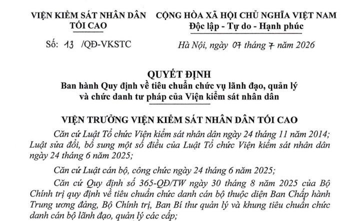 Đã có Quyết định 13/QĐ-VKSTC về tiêu chuẩn chức vụ lãnh đạo quản lý Viện kiểm sát nhân dân
