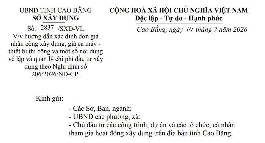 Bảng giá nhân công xây dựng tại Cao Bằng từ 01/7/2026