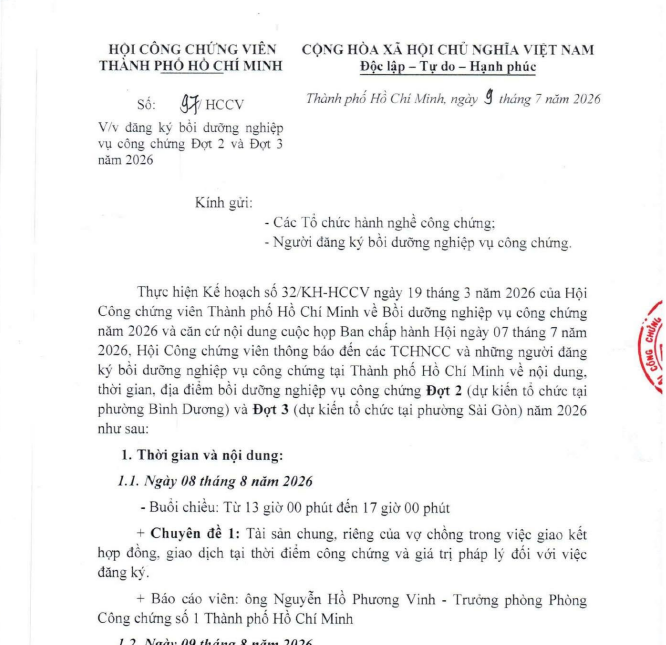 Công văn 97/HCCV đăng ký bồi dưỡng nghiệp vụ công chứng Đợt 2 và Đợt 3 năm 2026 (Hình ảnh từ internet)