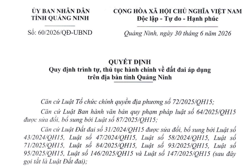 Đã có Quyết định 60/2026/QĐ-UBND thủ tục hành chính đất đai tại Quảng Ninh
