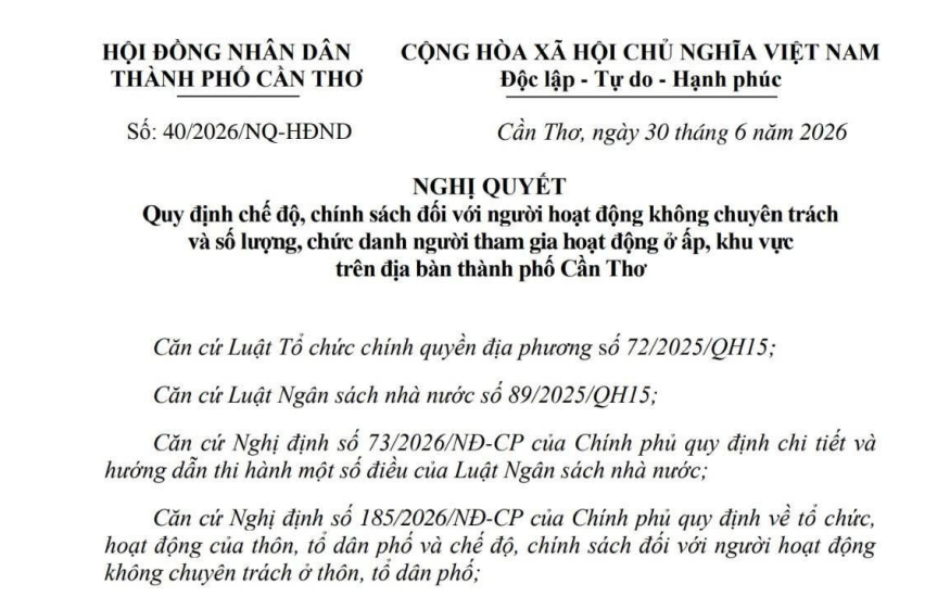 Mức phụ cấp của người hoạt động không chuyên trách ở ấp/khu vực tại Cần Thơ (Nghị quyết 40/2026/NQ-HĐND)