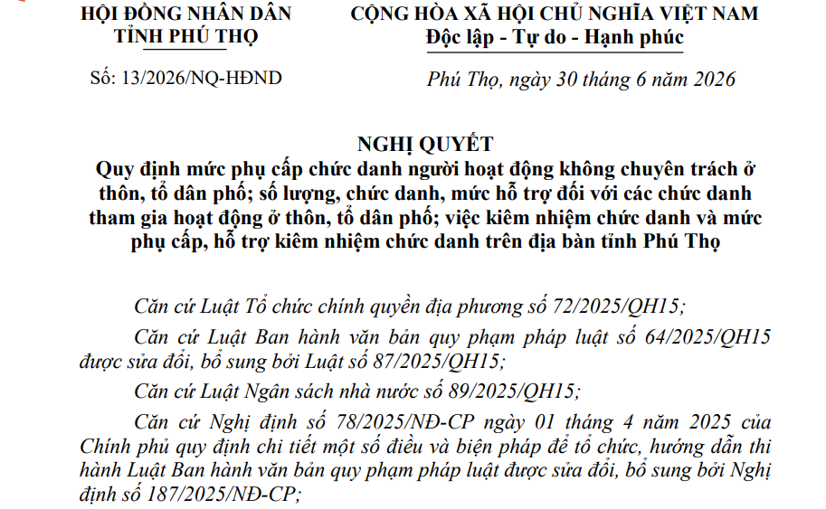 Mức phụ cấp của người hoạt động không chuyên trách ở thôn tổ dân phố tại Phú Thọ (Nghị quyết 13/2026/NQ-HĐND)
