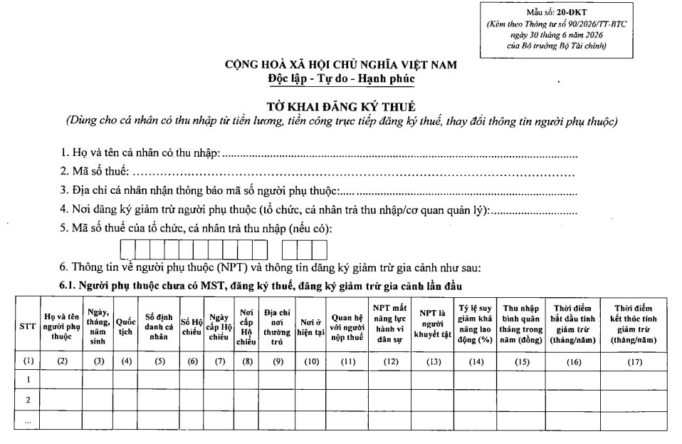 Mẫu 20-ĐKT Tờ khai đăng ký thuế dùng cho cá nhân có thu nhập từ tiền lương theo Thông tư 90