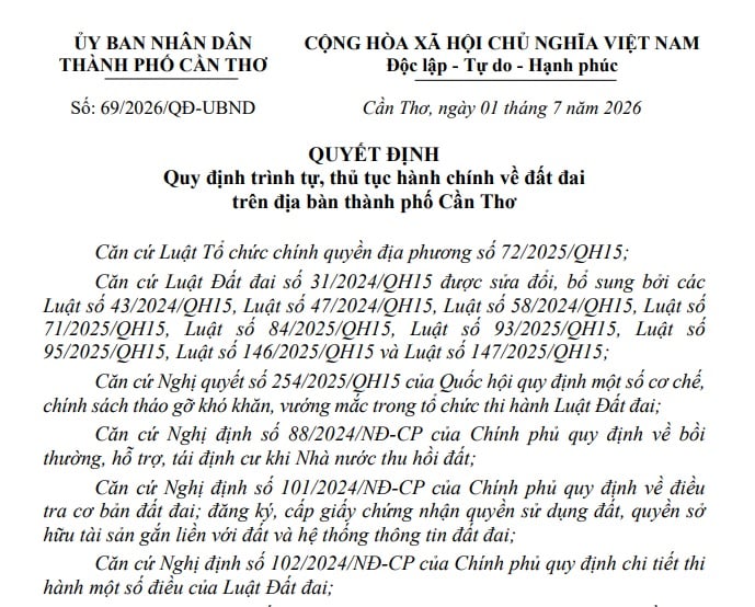 Đã có Quyết định 69/2026/QĐ-UBND thủ tục đất đai tại Cần Thơ