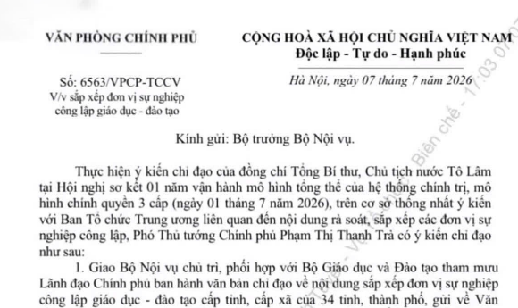 Công văn 6563/VPCP-TCCV về sắp xếp đơn vị sự nghiệp công lập giáo dục