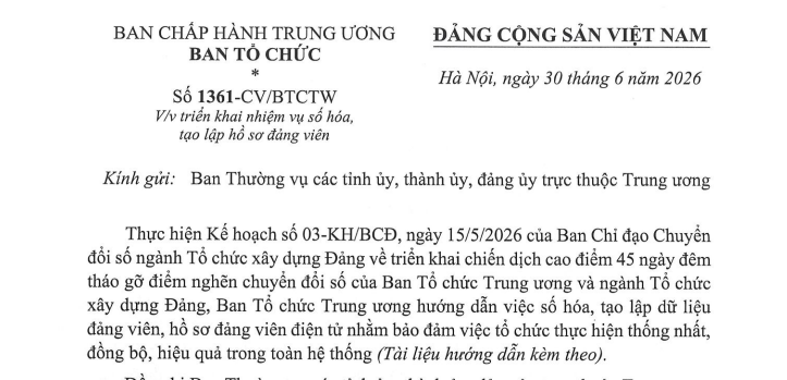 Công văn 1361-CV/BTCTW: Hướng dẫn số hóa, tạo lập hồ sơ đảng viên mới nhất