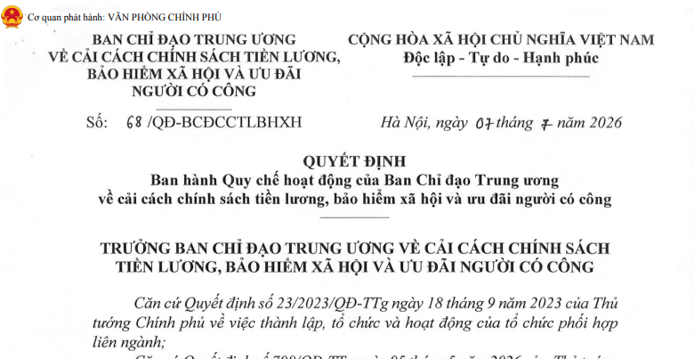 Đã có Quy chế hoạt động Ban Chỉ đạo cải cách chính sách tiền lương, bảo hiểm xã hội (Quyết định 68)