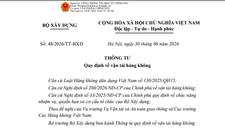 Đã có Thông tư 48/2026/TT-BXD quy định về vận tải hàng không