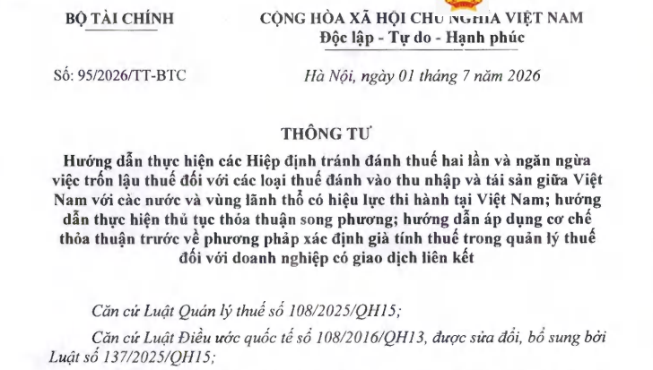 Đã có Thông tư 95/2026/TT-BTC hướng dẫn thực hiện các Hiệp định về thuế