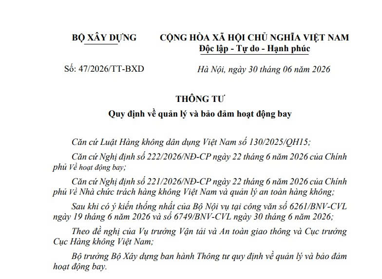Đã có Thông tư 47/2026/TT-BXD về quản lý và bảo đảm hoạt động bay từ 01/7/2026