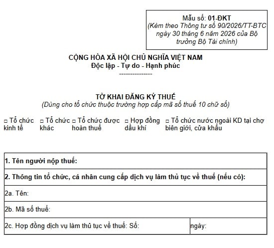 Mẫu số 01-ĐKT tờ khai đăng ký thuế dùng cho tổ chức theo Thông tư 90 mới nhất