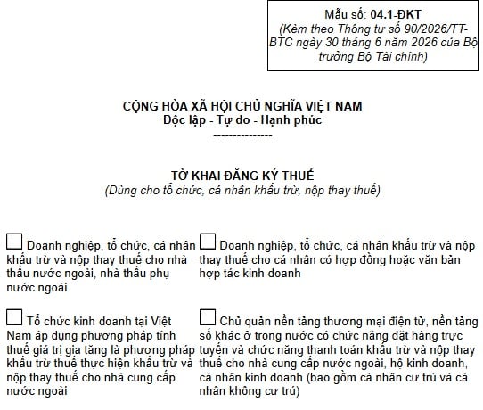 Mẫu số 04.1-ĐKT Tờ khai đăng ký thuế theo Thông tư 90 mới nhất