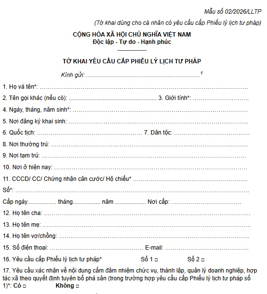 Mẫu tờ khai yêu cầu cấp Phiếu lý lịch tư pháp theo Thông tư 101 mới nhất (Dùng cho cá nhân)