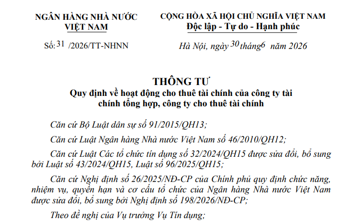 Đã có Thông tư 31/2026/TT-NHNN về hoạt động cho thuê tài chính