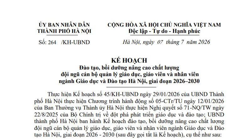 Kế hoạch đào tạo bồi dưỡng nâng cao chất lượng giáo viên tại Hà Nội giai đoạn 2026 - 2030