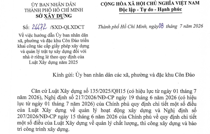 Công văn hướng dẫn cấp giấy phép xây dựng nhà ở riêng lẻ tại TPHCM (Công văn 24472/SXD-QLXDCT)