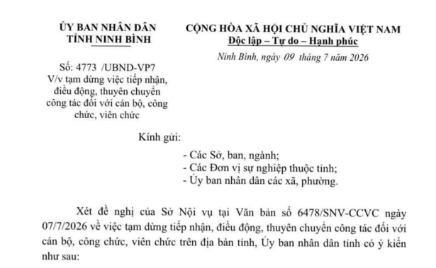 Công văn 4773 tạm dừng tiếp nhận điều động cán bộ công chức viên chức tại Ninh Bình