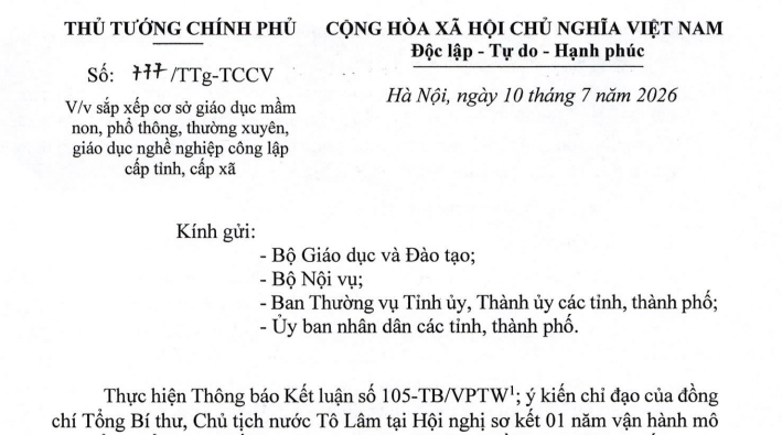 Công văn 777/TTg-TCCV sắp xếp các cơ sở giáo dục công lập cấp tỉnh, cấp xã