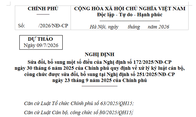 Dự thảo Nghị định sửa đổi quy định về xử lý kỷ luật cán bộ công chức